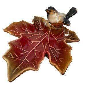 Ceramic Maple Leaf Trinket Dish With Bird Accent By Creative Co-Op